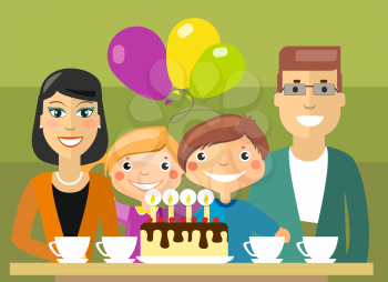 Flat Vector Illustration: traditional family selebration, tea party with birthday cake 