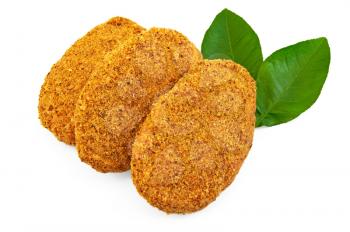 Three frozen chicken cutlets in bread crumbs, two green leaf lemon isolated on a white background