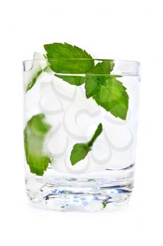 Ice water and mint in a glass beaker is isolated on a white background
