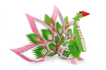 Origami in the form of green and pink birds with iridescent tail is isolated on a white background
