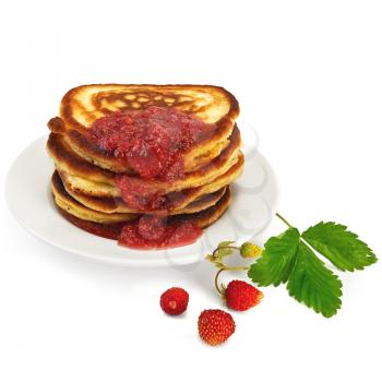 A stack of pancakes on a white plate with strawberry jam, strawberries on a branch, green leaf isolated on white background
