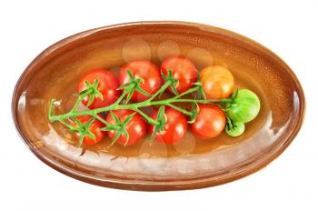 Brush small red tomato on a ceramic oval plate isolated on a white background