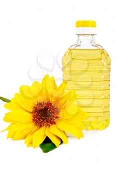 Vegetable oil in a bottle with a flower sunflower isolated on a white background