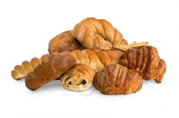 White bread, rolls, croissants, bread sticks isolated on a white background
