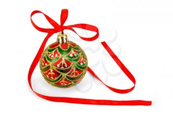 Christmas Toy in the form of a red sphere with green and gold ornaments and red ribbon isolated on white background