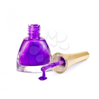 Open a bottle lilac nail polish, cap with brush and drop isolated on white background