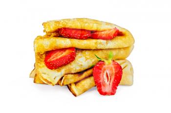 Pancakes stacked with strawberries isolated on white background