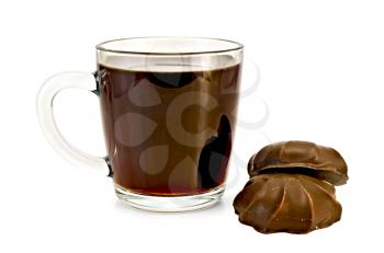 Coffee in glass mug, two marshmallows in chocolate isolated on white background