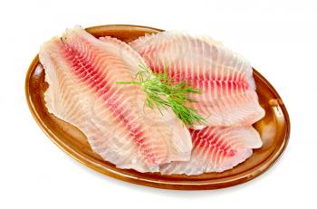 Tilapia fillets with dill in a pottery plate isolated on white background