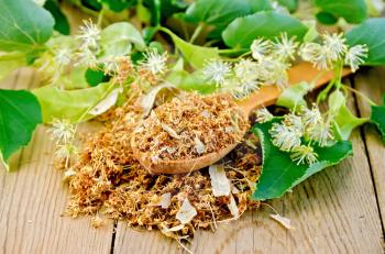 Wooden spoon with dried flowers of linden, fresh linden flowers with leaves on a background of wooden boards