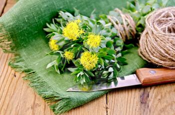 Rhodiola rosea flowers, tied with string, ball of twine, a knife on a green napkin on a background of wooden boards