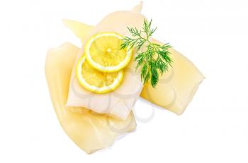 Three prepared cleaned squid with lemon and dill isolated on white background