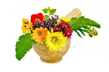 Sprigs of mint, flowers of oregano, calendula, nasturtium, mignonette, verbena, sage in a wooden mortar isolated on white background