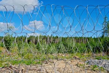 Barbed wire fence on a background of blue sky with white clouds, green trees, yellow soil and gravel
