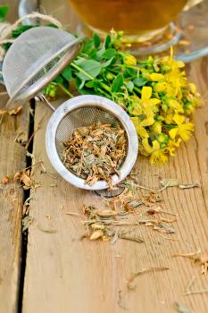 Metal tea strainer with dry flowers tutsan, fresh flowers of Hypericum, tea in glass cup on wooden boards background