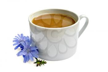 Chicory drink in a white cup with a flower isolated on white background