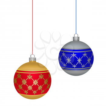 Christmas balls red and blue with gold and silver ornaments isolated on white background
