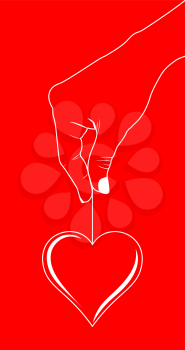 Heart hanging on a cord in the woman's hand made white outline on a red background