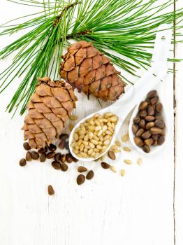Pine nuts in two spoons, two cedar cones and green branches on the background of a light wooden board from above