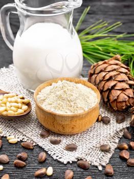 Cedar flour in a bowl, nuts and two cones, spoon with peeled nuts on burlap napkin, green pine branch and cedar milk in a jug on dark wooden board background