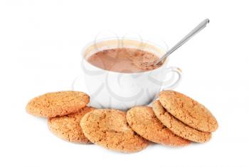 Cocoa in a cup and oatmeal cookies isolated on a white