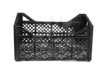 Black plastic crate isolated on white background
