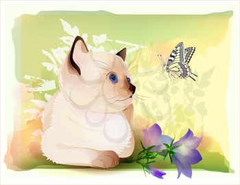 Royalty Free Clipart Image of a Siamese Cat With Flowers