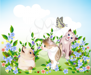 Royalty Free Clipart Image of a Cats in a Meadow
