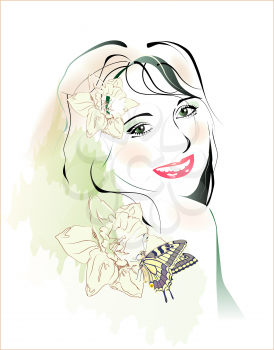 Royalty Free Clipart Image of a Woman with Flowers in Her Hair