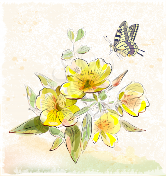 Royalty Free Clipart Image of Flowers and a Butterfly