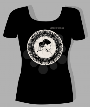 t-shirt design  with  portrait of beautiful girl in art nouveau style