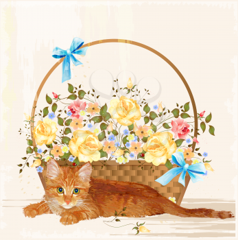 vintage greeting card with ginger  kitten and basket