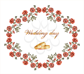 wedding card with  red roses and rings