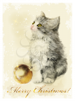 Christmas card  with fluffy kitten and golden ball. Vintage style.