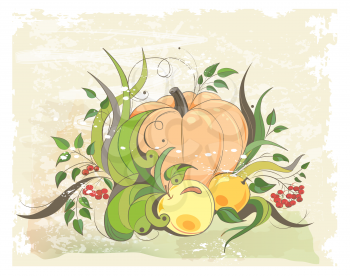autumnal composition with pumpkin, apples and sprigs of rowan