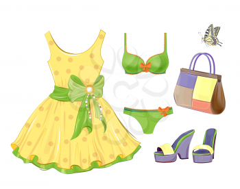 Fashion kit for girls. Dress, handbag, bikini and sandals.