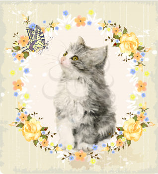 Vintage card with fluffy kitten, roses and butterfly. Imitation of watercolor painting. 