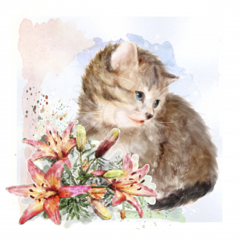 Fluffy kitten with lilies.  Vintage postcard.  Imitation of watercolor painting.