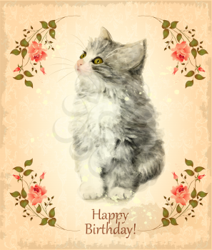 Happy birthday card with fluffy kitten.  Imitation of watercolor painting. Vintage style.