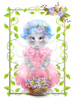 Portrait of the vintage cat  with basket. Birthday card. Holiday congratulation. Greeting card. Frame with ivy and violets.