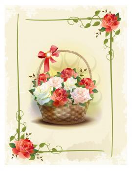 Basket  with roses.  Vintage birthday card. Holiday congratulation. Greeting card. Floral frame. Victorian style