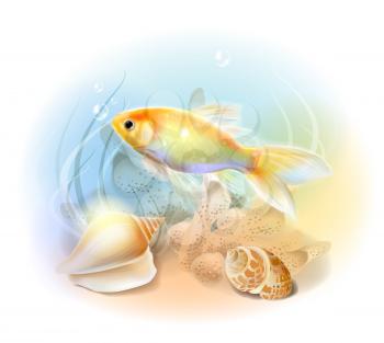 Goldfish in the sea. Illustration of the tropical underwater world. Aquarium fish.