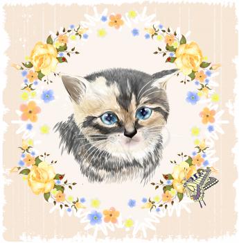 Portrait of three-colored kitten and Butterfly.  House pet. Vintage ornamental background. Floral frame with roses.