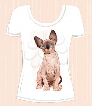 t-shirt design  with Canadian sphinx cat. Design for women's t-shirt