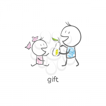 Royalty Free Clipart Image of a Boy Giving a Girl a Pear