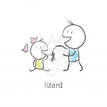 Royalty Free Clipart Image of a Boy Showing a Girl a Lizard