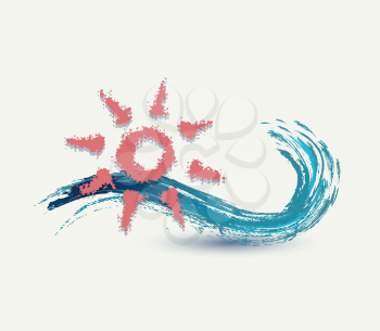 Royalty Free Clipart Image of a Blue Wave and Sun