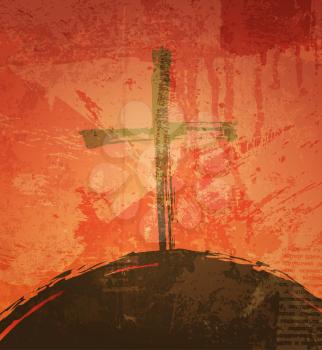 The cross on the grunge background. The biblical concept. Sunset