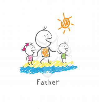Father and children on the beach