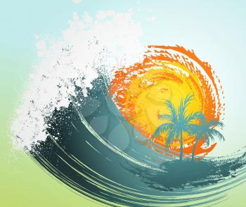 Tropical background with palm, waves and sun